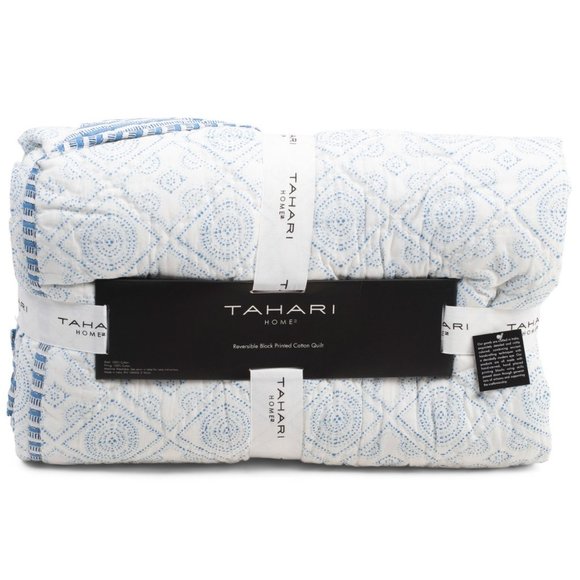 TAHARI Full/Queen Reversible Block Printed Quilt  Blue - Picture 2 of 9